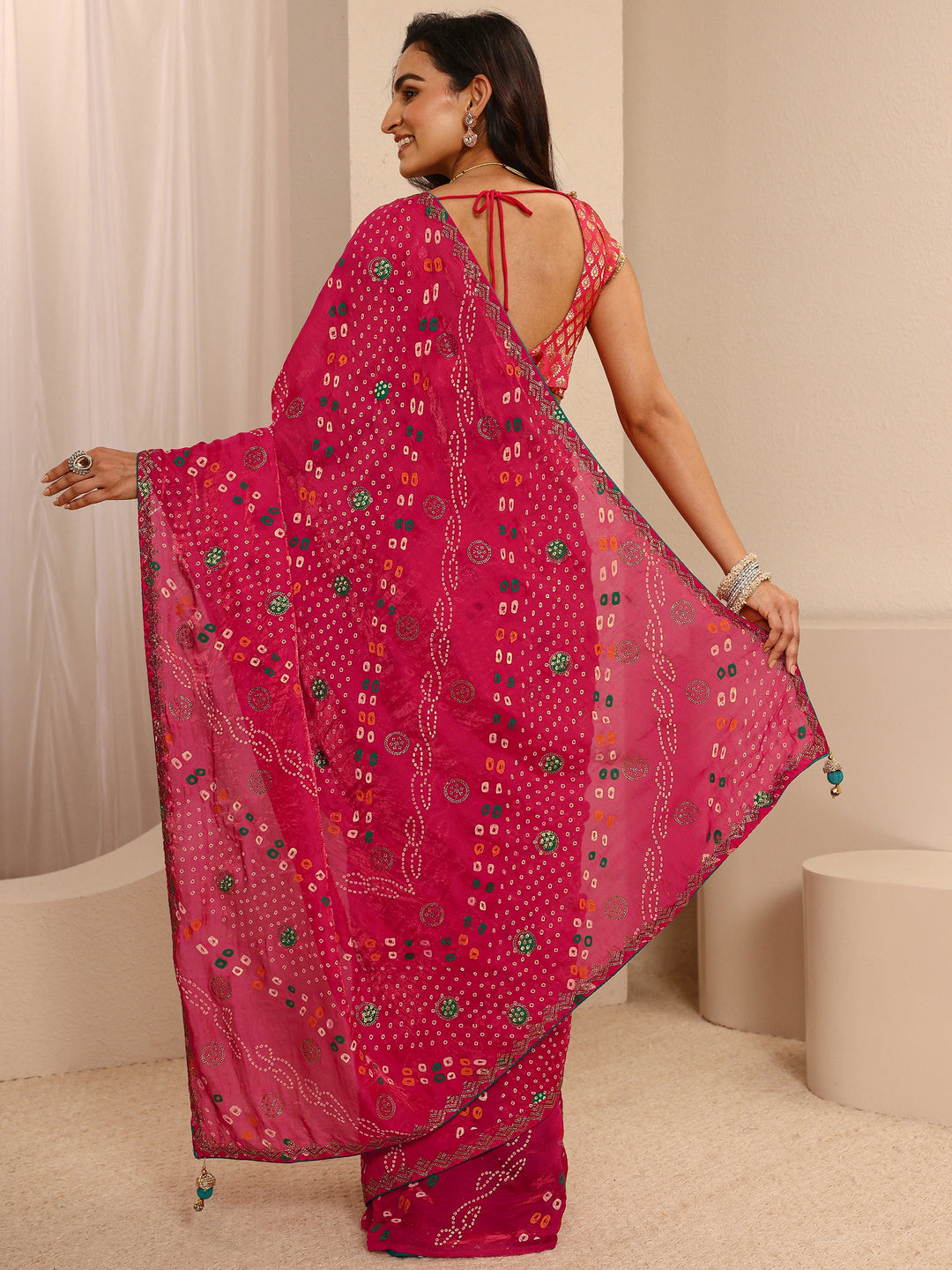  Pink Bandhani Printed Silk Blend Saree With Unstitched Blouse Piece 