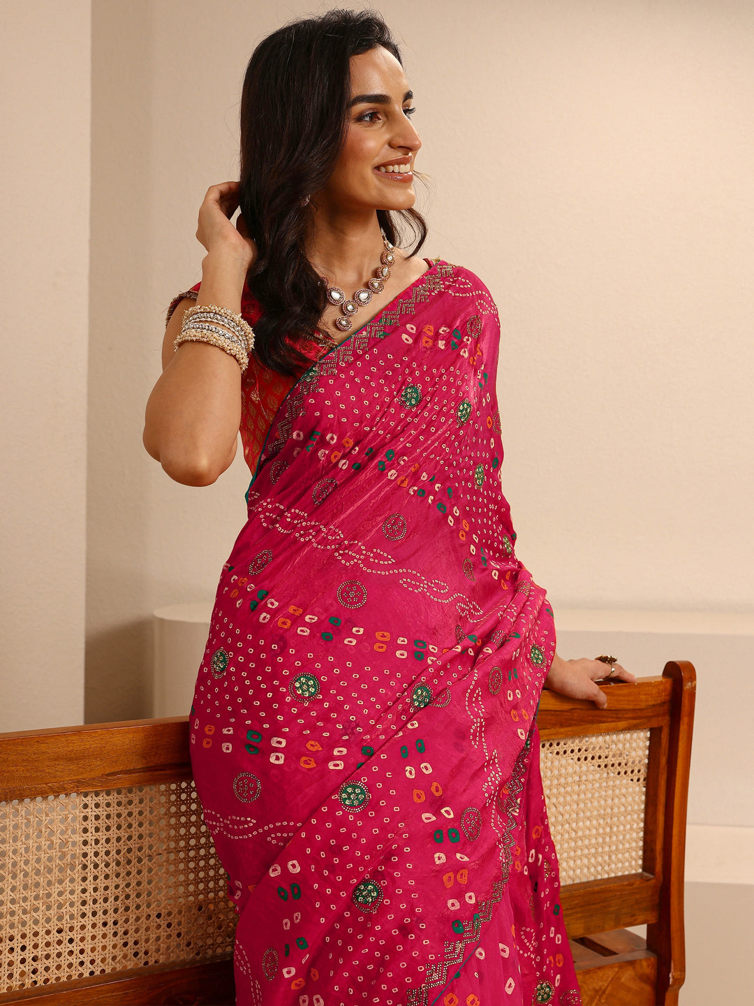  Pink Bandhani Printed Silk Blend Saree With Unstitched Blouse Piece 