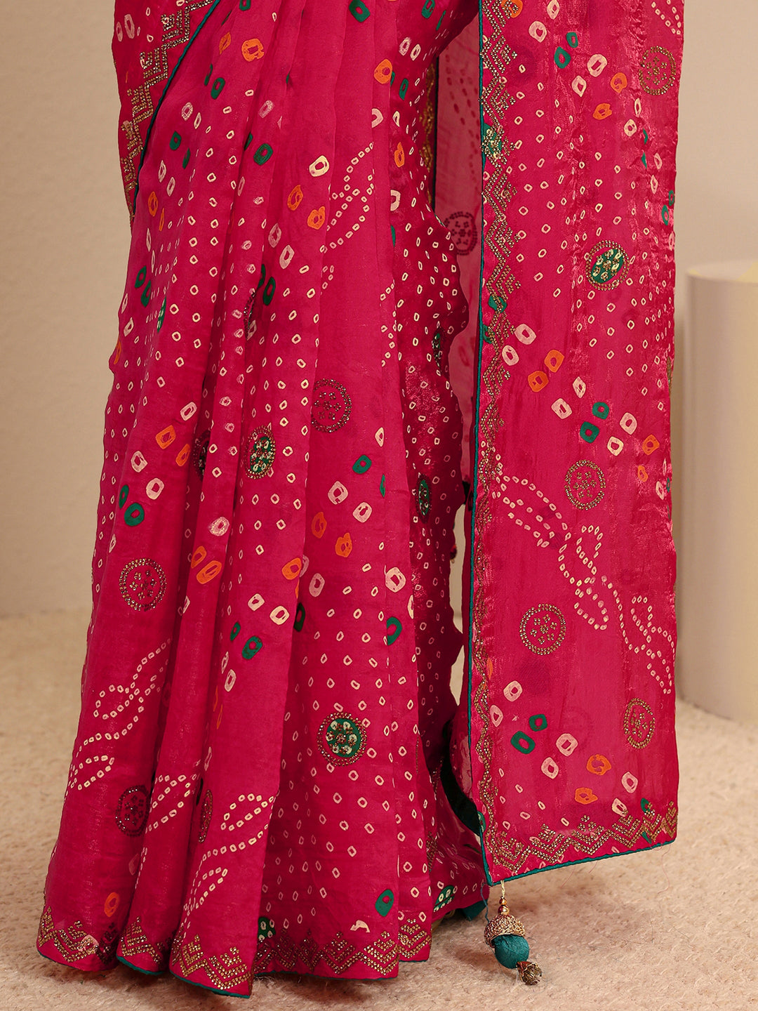  Pink Bandhani Printed Silk Blend Saree With Unstitched Blouse Piece 