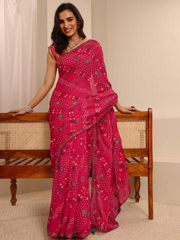Pink Bandhani Printed Silk Blend Saree With Unstitched Blouse Piece