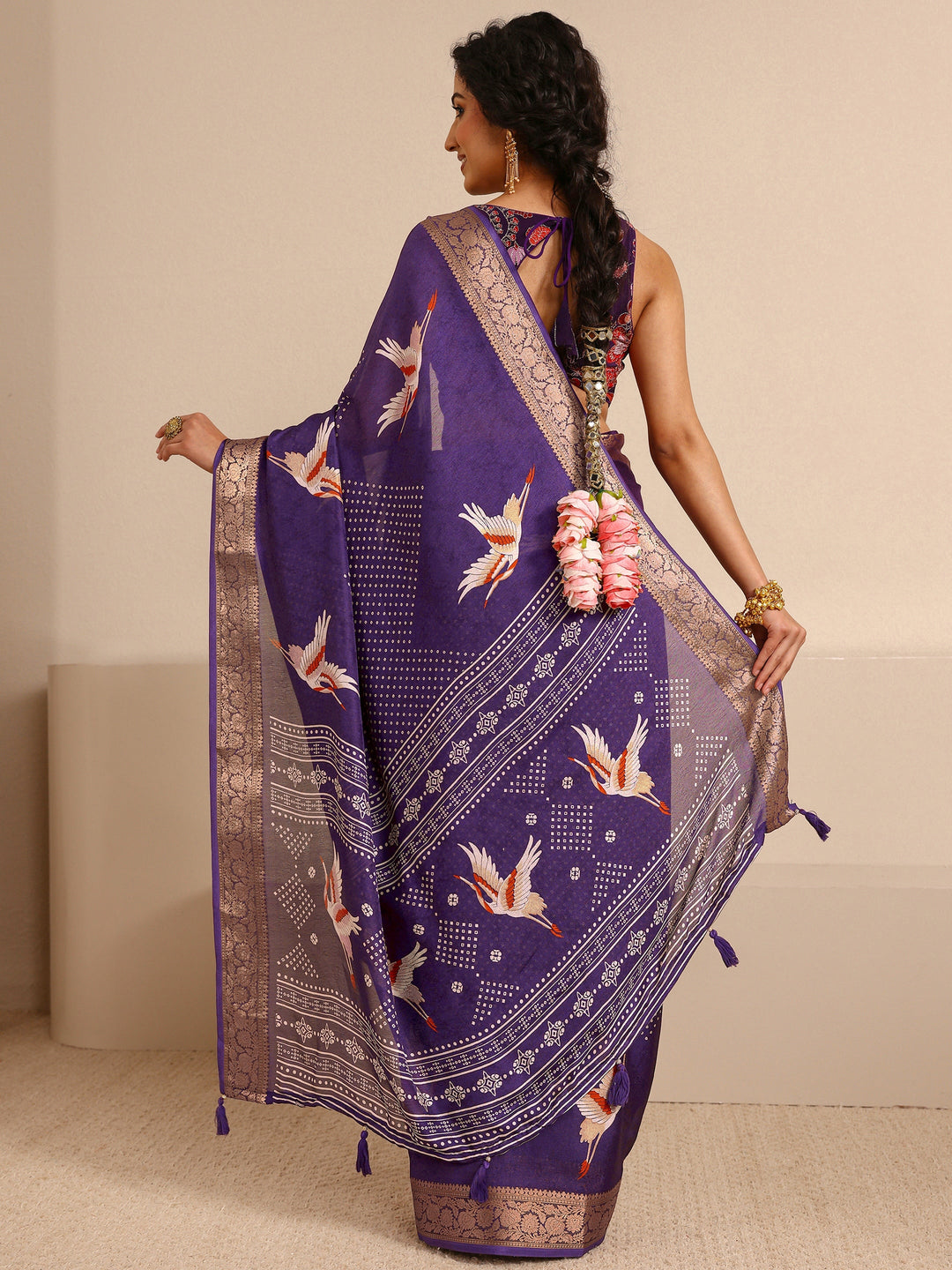  Purple Quirky Printed Silk Blend Saree With Unstitched Blouse Piece 