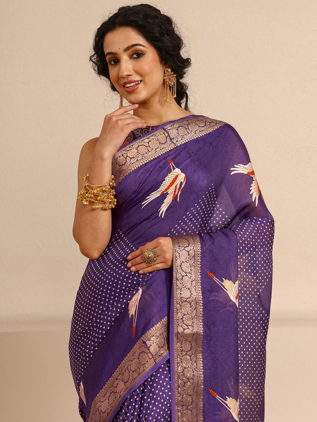  Purple Quirky Printed Silk Blend Saree With Unstitched Blouse Piece 