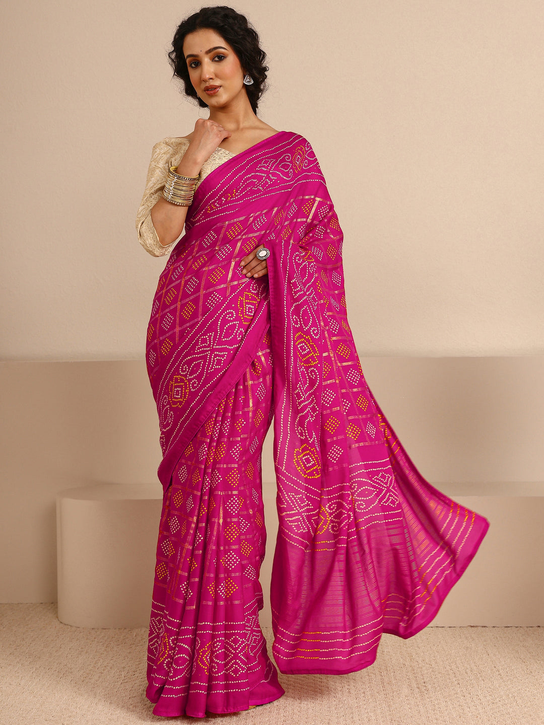  Pink Bandhani Printed Silk Blend Saree With Unstitched Blouse Piece 