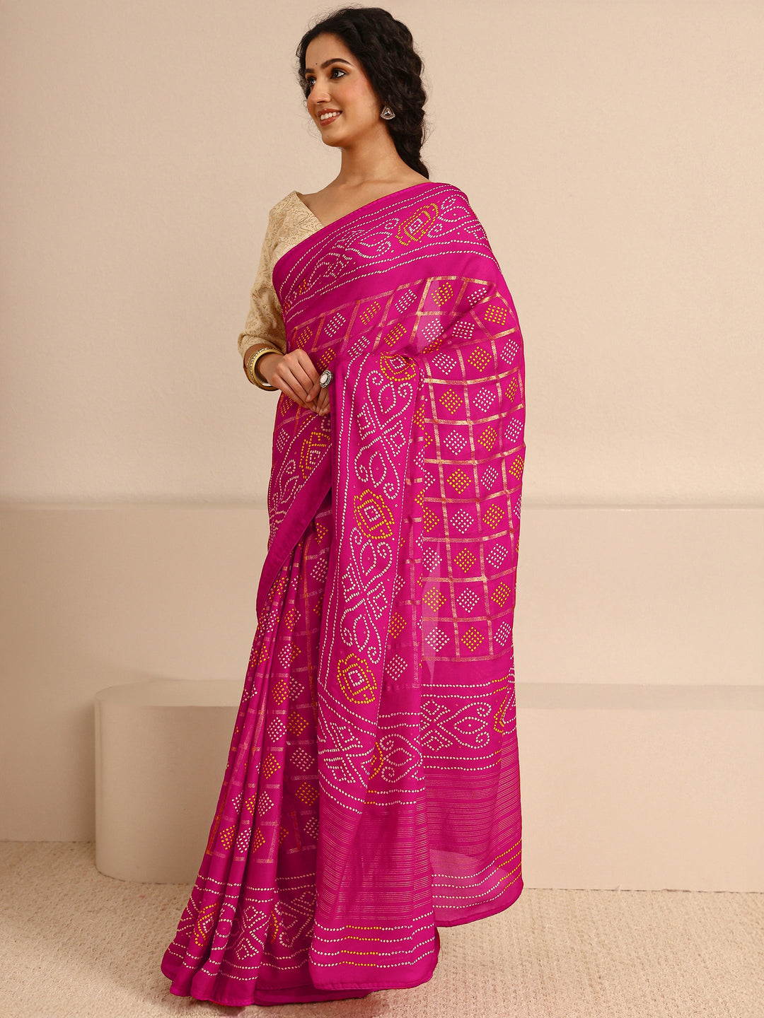  Pink Bandhani Printed Silk Blend Saree With Unstitched Blouse Piece 