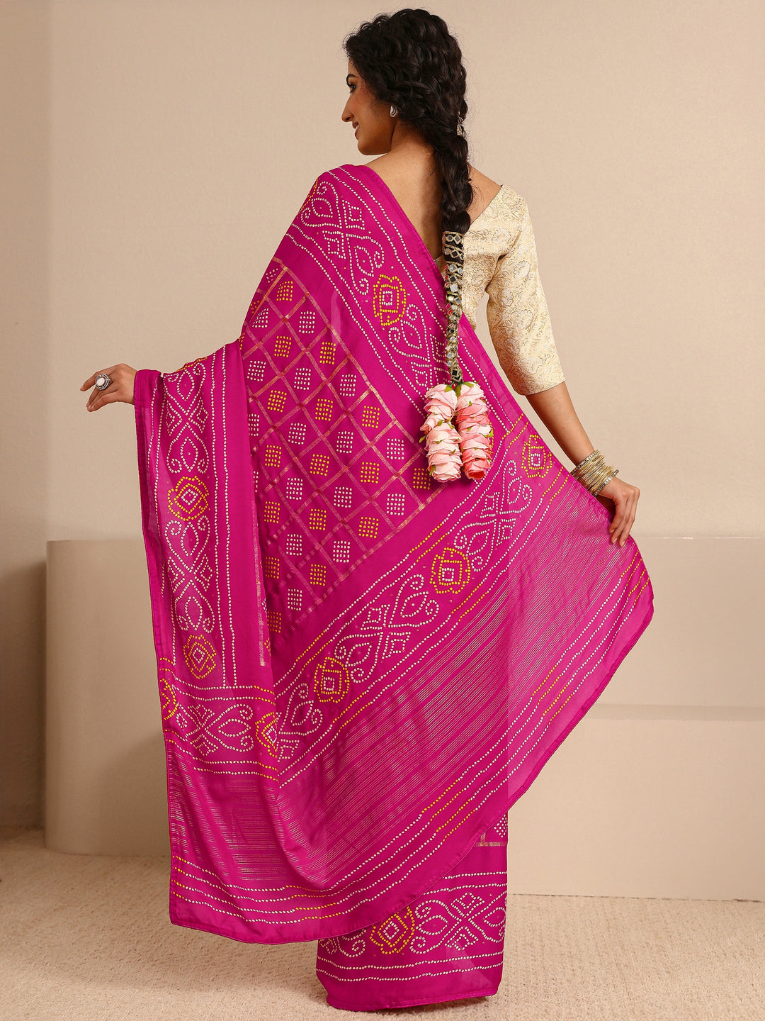  Pink Bandhani Printed Silk Blend Saree With Unstitched Blouse Piece 