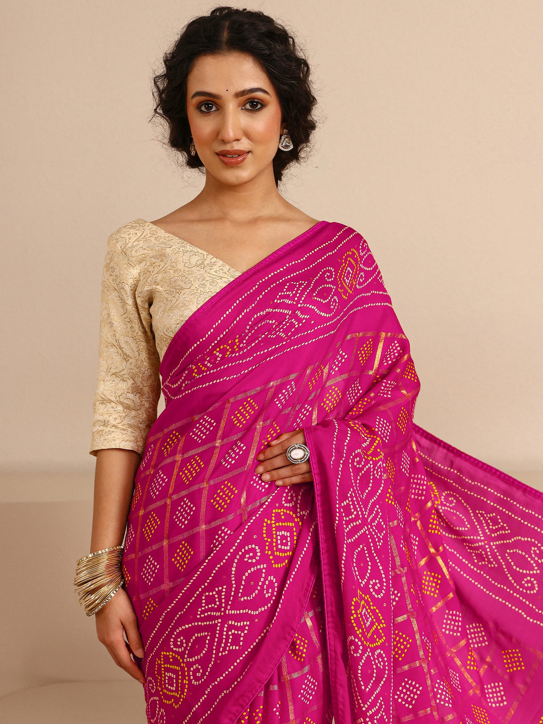  Pink Bandhani Printed Silk Blend Saree With Unstitched Blouse Piece 