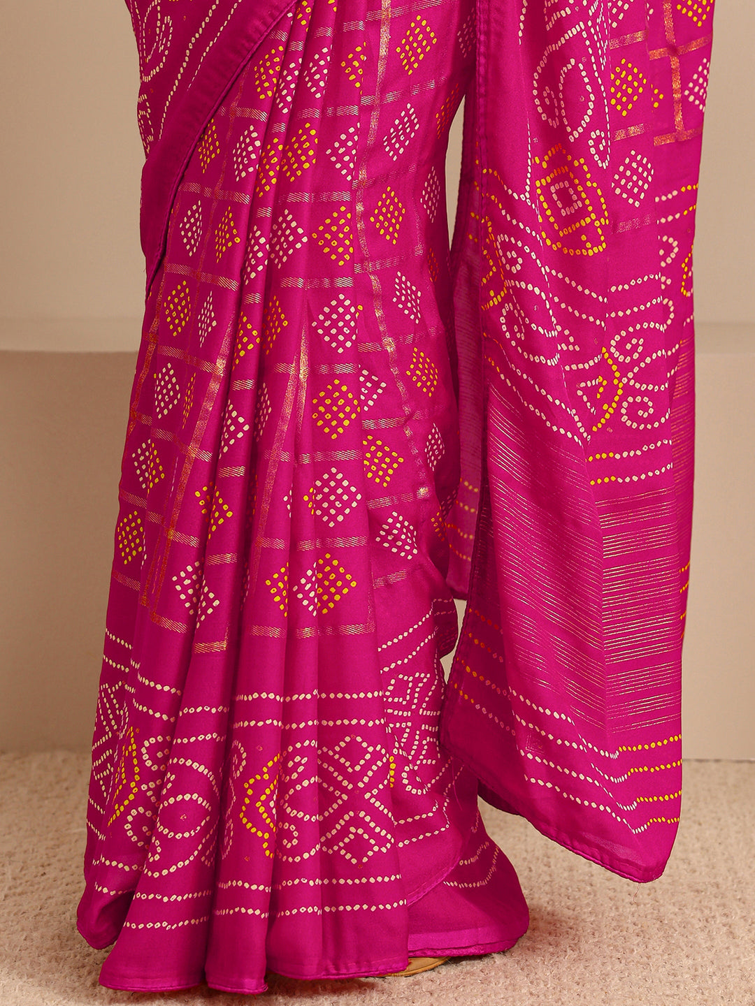  Pink Bandhani Printed Silk Blend Saree With Unstitched Blouse Piece 