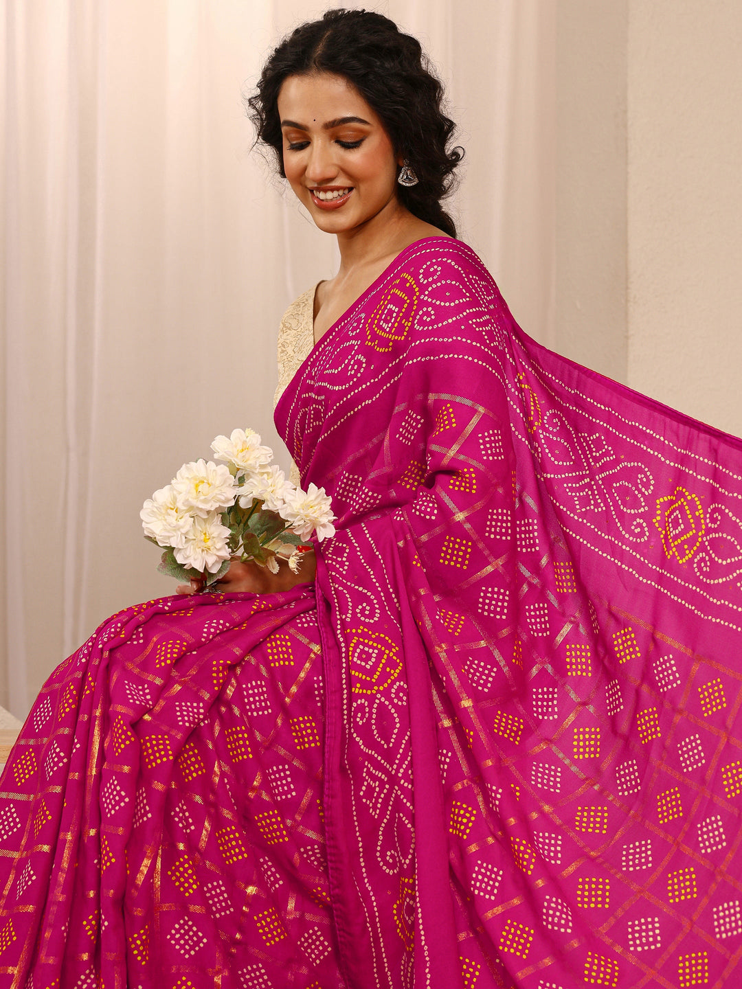  Pink Bandhani Printed Silk Blend Saree With Unstitched Blouse Piece 