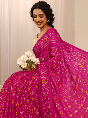 Pink Bandhani Printed Silk Blend Saree With Unstitched Blouse Piece