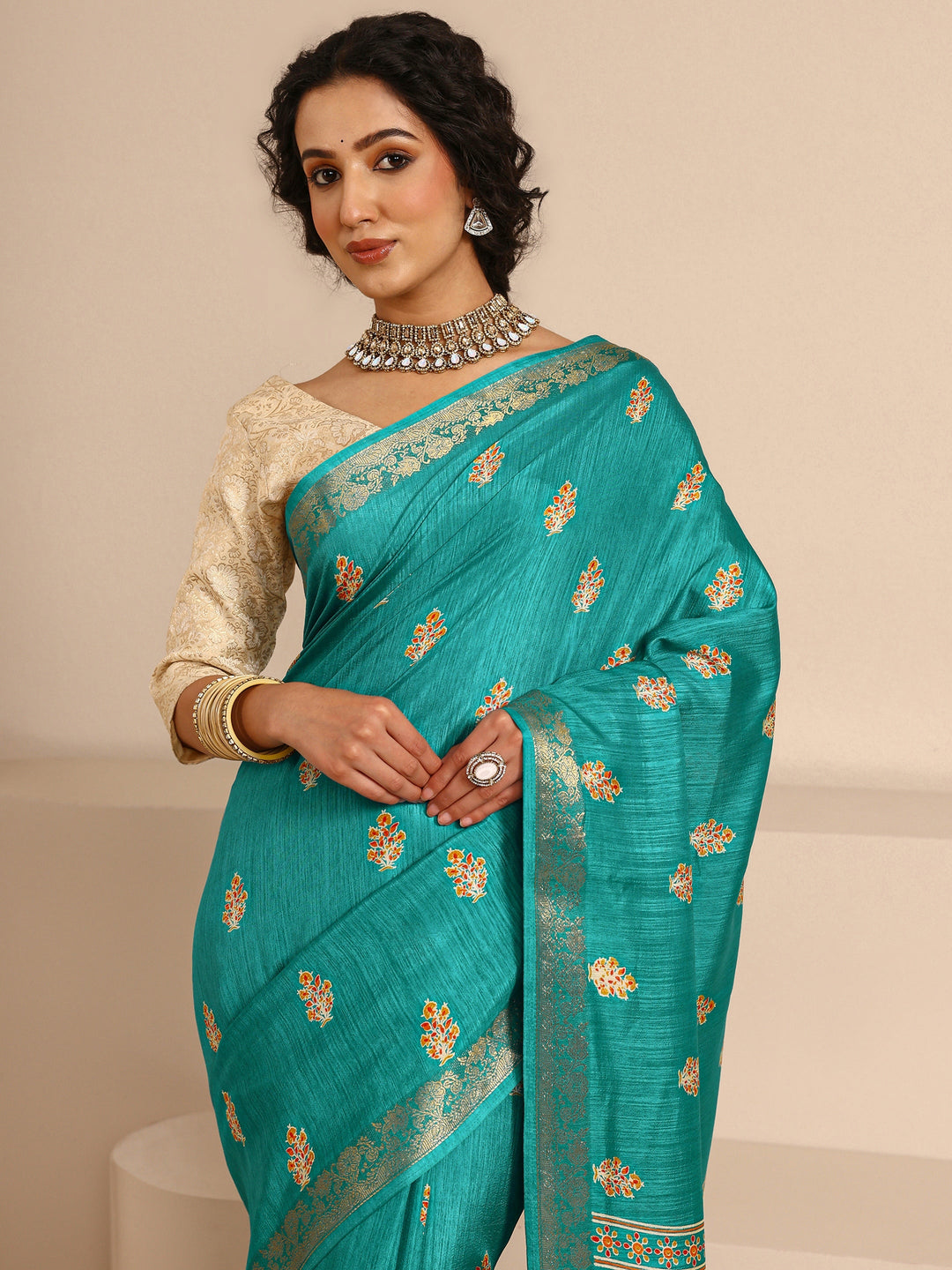  Green Ethnic Motifs Printed Silk Blend Saree With Unstitched Blouse Piece 