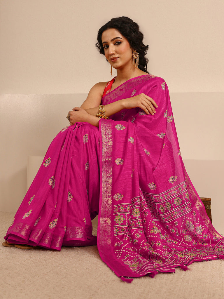 Libas Pink Woven Design Silk Blend Saree With Unstitched Blouse Piece