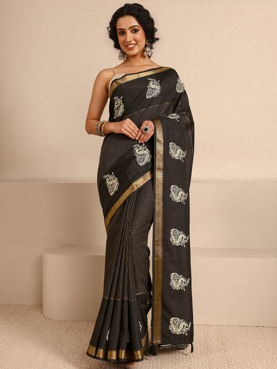  Black Ethnic Motifs Print Silk Blend Saree With Unstitched Blouse Piece 
