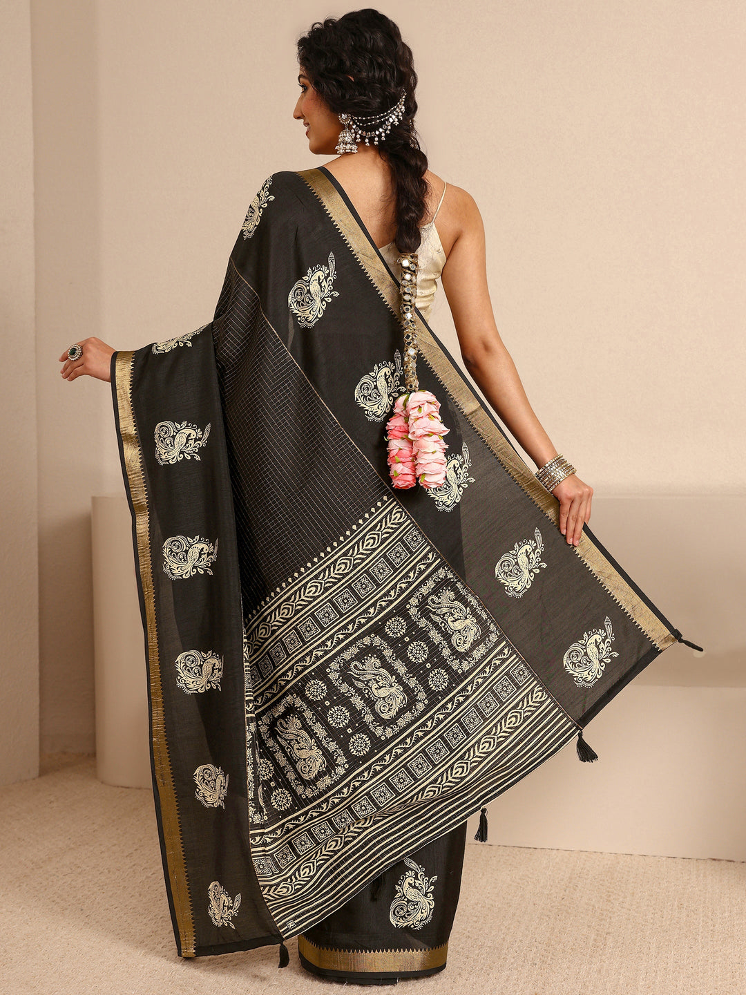  Black Ethnic Motifs Print Silk Blend Saree With Unstitched Blouse Piece 