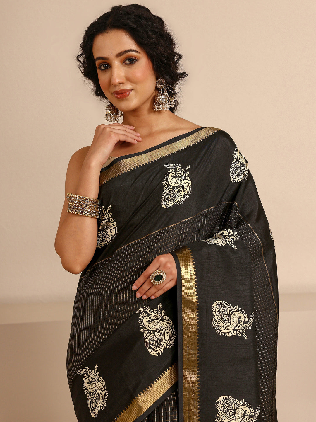  Black Ethnic Motifs Print Silk Blend Saree With Unstitched Blouse Piece 