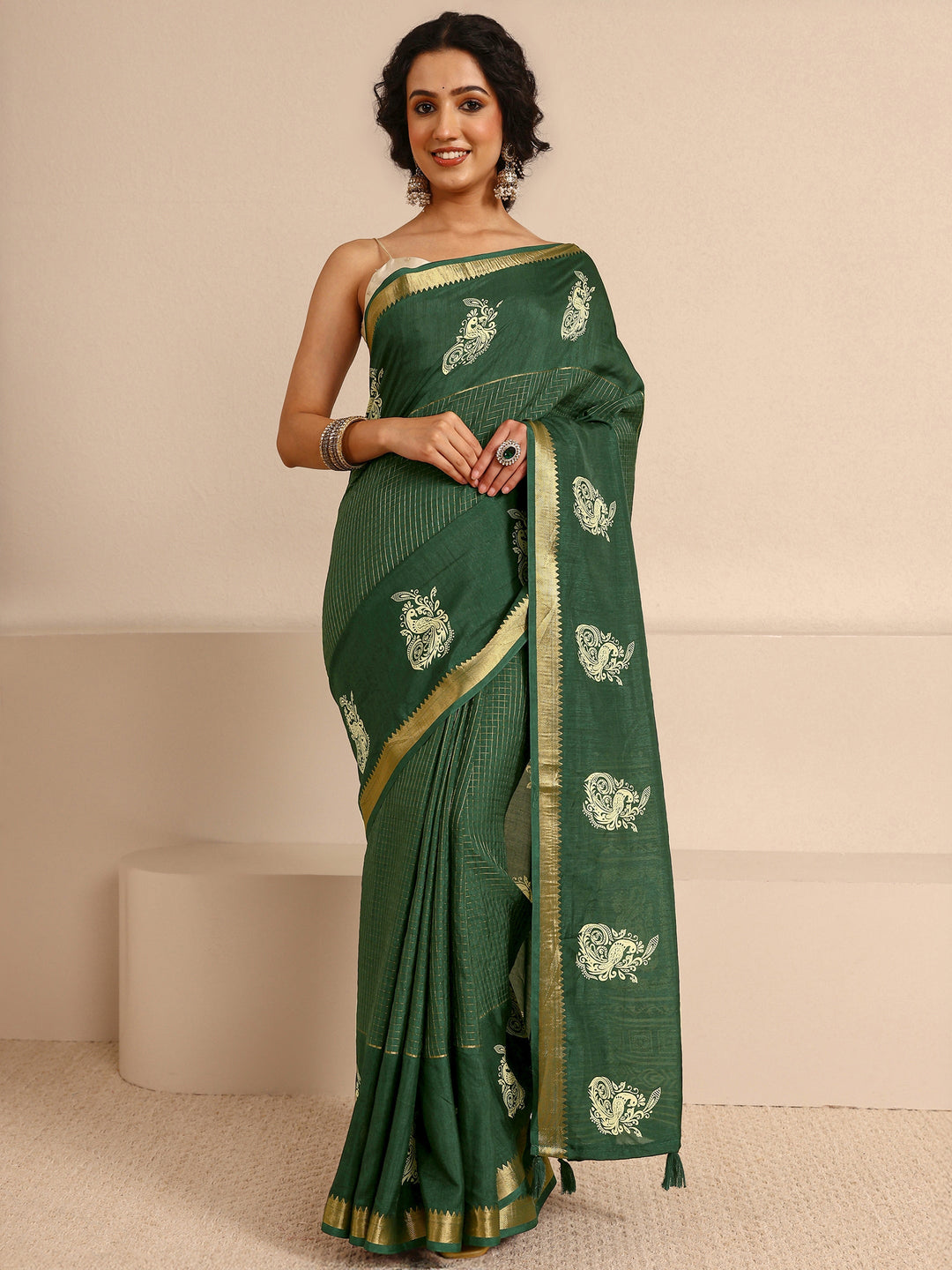  Green Ethnic Motifs Print Silk Blend Saree With Unstitched Blouse Piece 