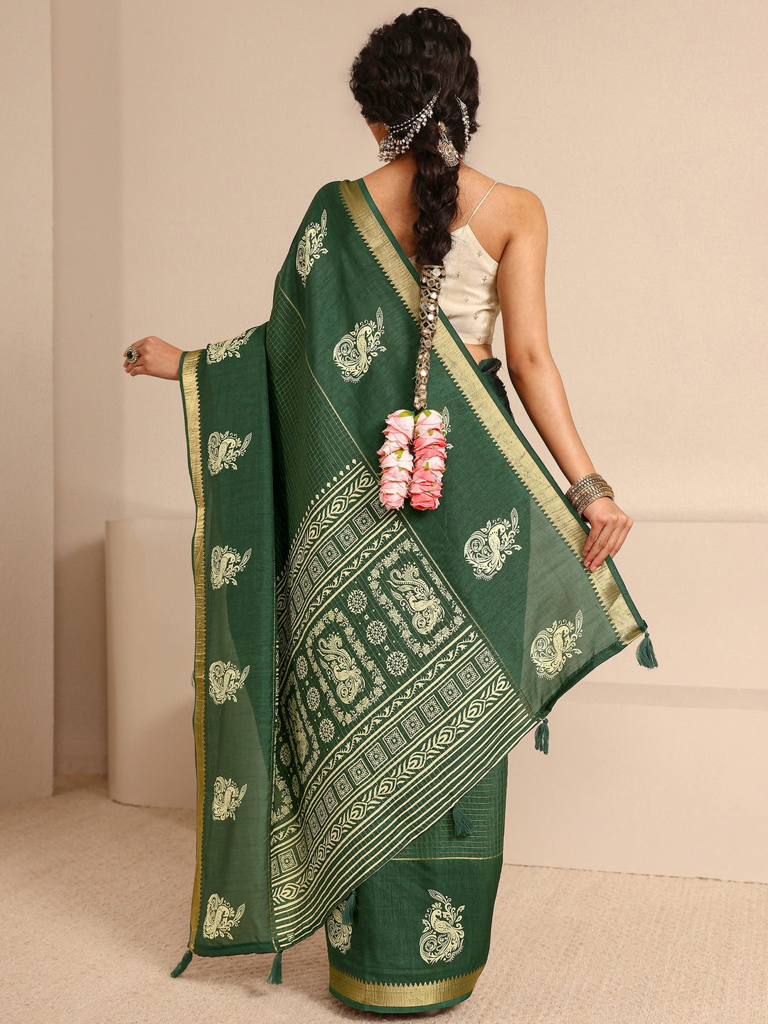  Green Ethnic Motifs Print Silk Blend Saree With Unstitched Blouse Piece 