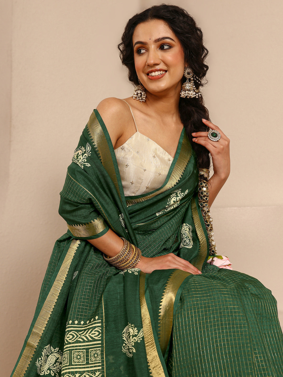  Green Ethnic Motifs Print Silk Blend Saree With Unstitched Blouse Piece 
