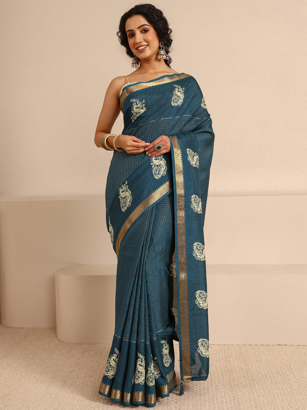  Navy Blue Ethnic Motifs Print Silk Blend Saree With Unstitched Blouse Piece 