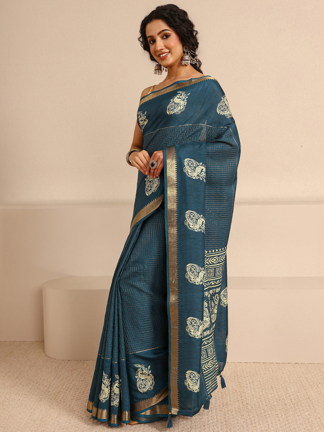  Navy Blue Ethnic Motifs Print Silk Blend Saree With Unstitched Blouse Piece 