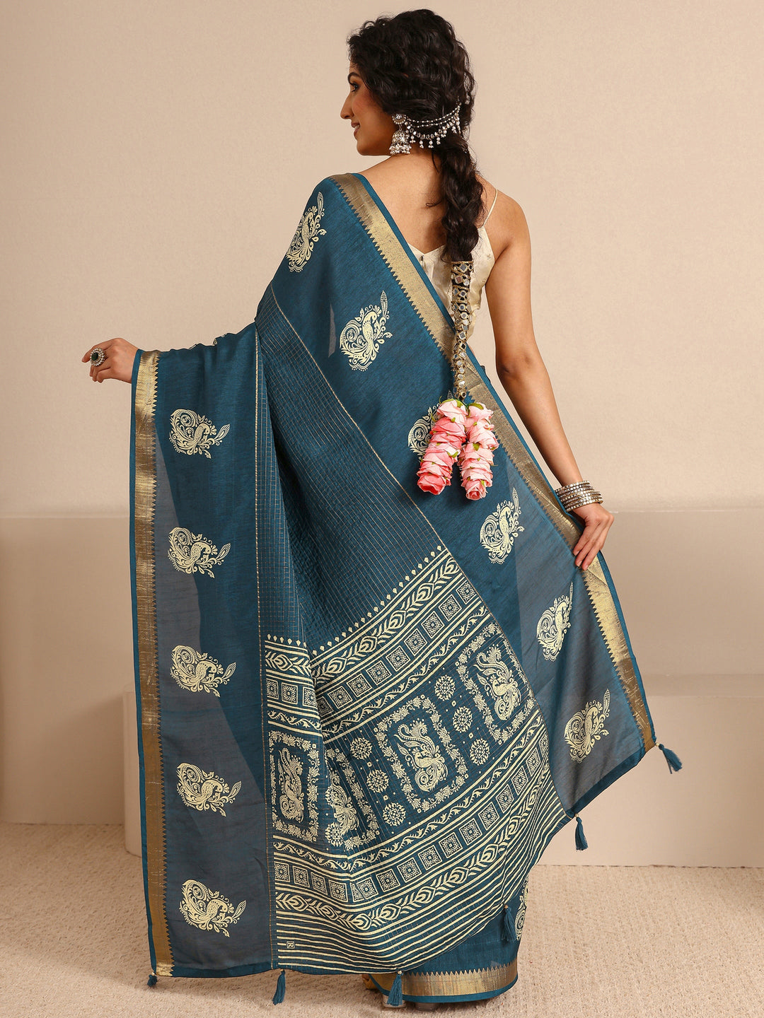  Navy Blue Ethnic Motifs Print Silk Blend Saree With Unstitched Blouse Piece 