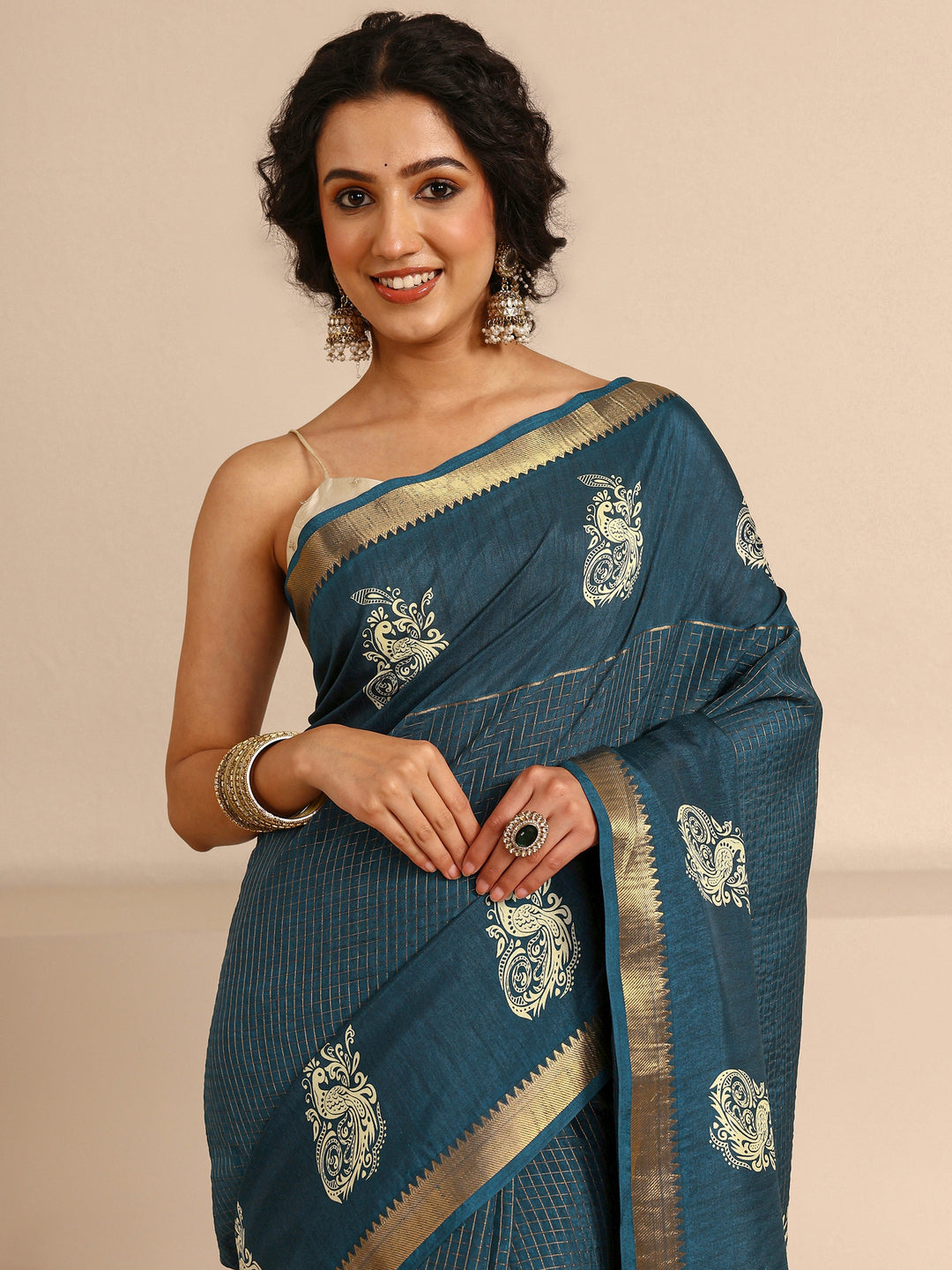  Navy Blue Ethnic Motifs Print Silk Blend Saree With Unstitched Blouse Piece 