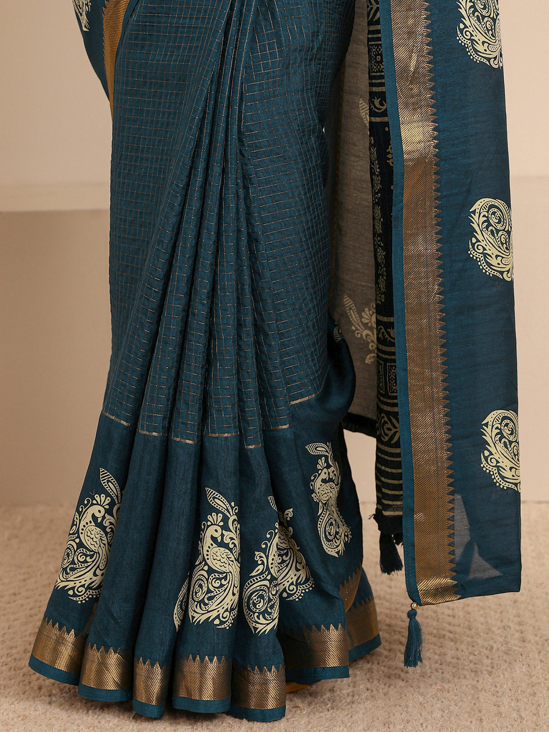  Navy Blue Ethnic Motifs Print Silk Blend Saree With Unstitched Blouse Piece 