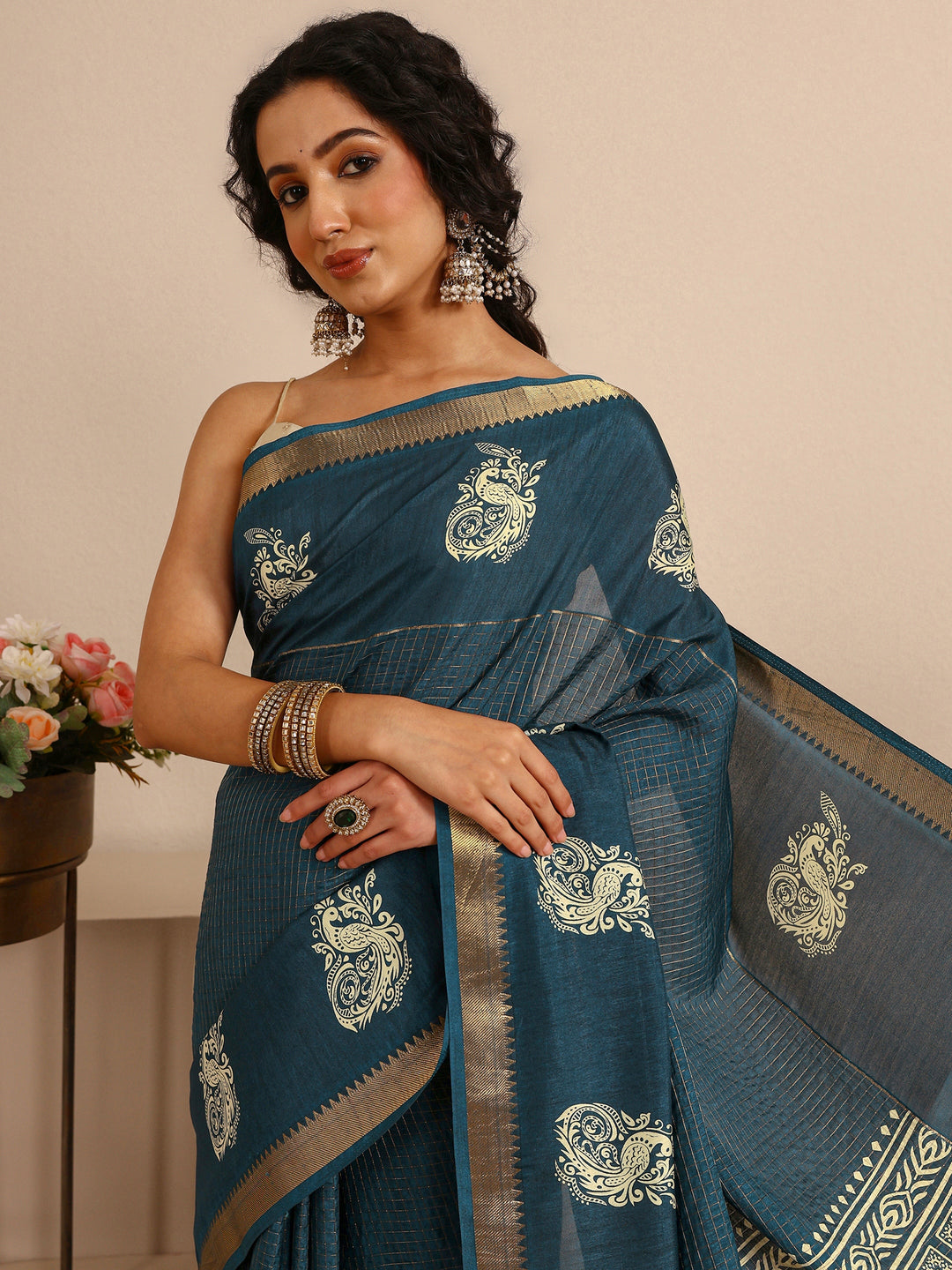  Navy Blue Ethnic Motifs Print Silk Blend Saree With Unstitched Blouse Piece 