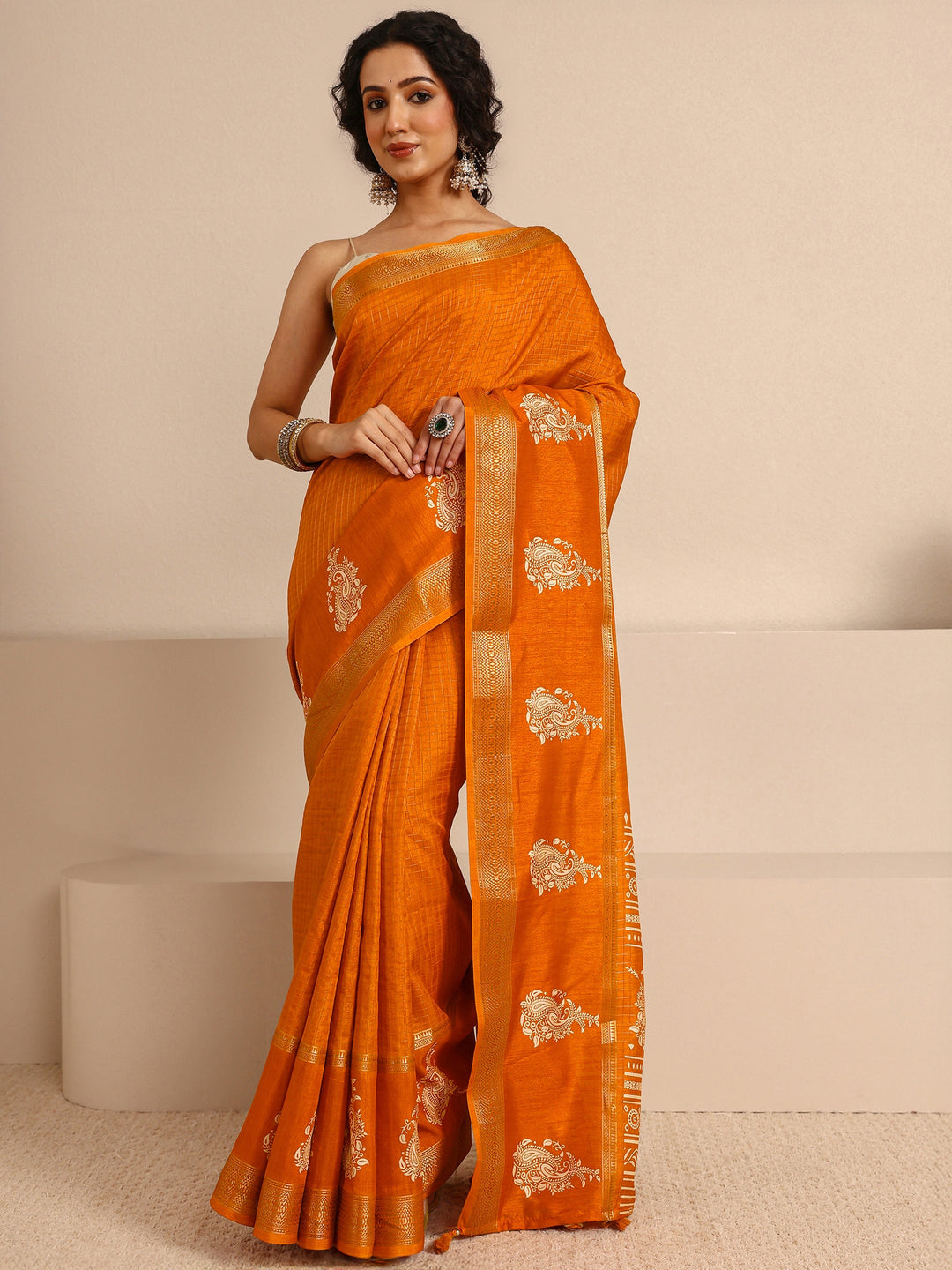  Orange Ethnic Silk Blend Saree With Unstitched Blouse Piece 