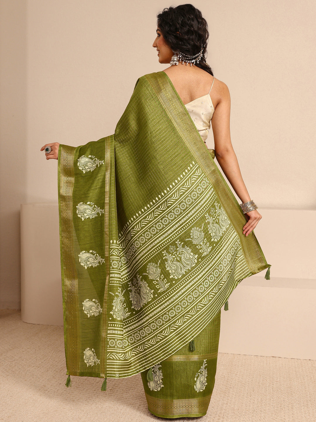  Green Paisley Print Silk Blend Saree With Unstitched Blouse Piece 