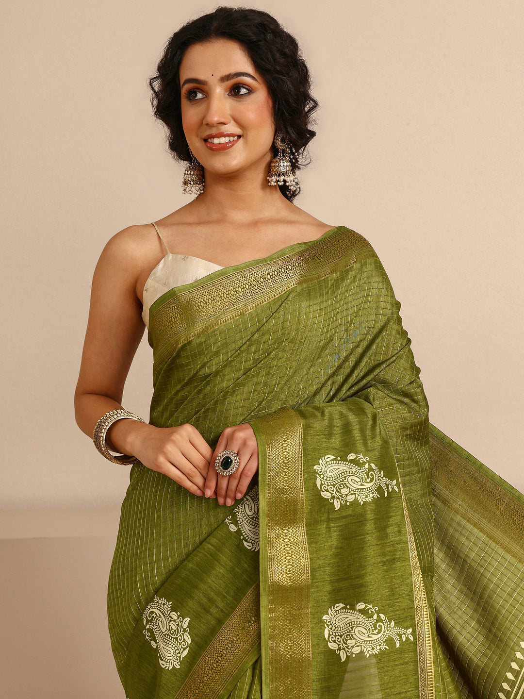  Green Paisley Print Silk Blend Saree With Unstitched Blouse Piece 