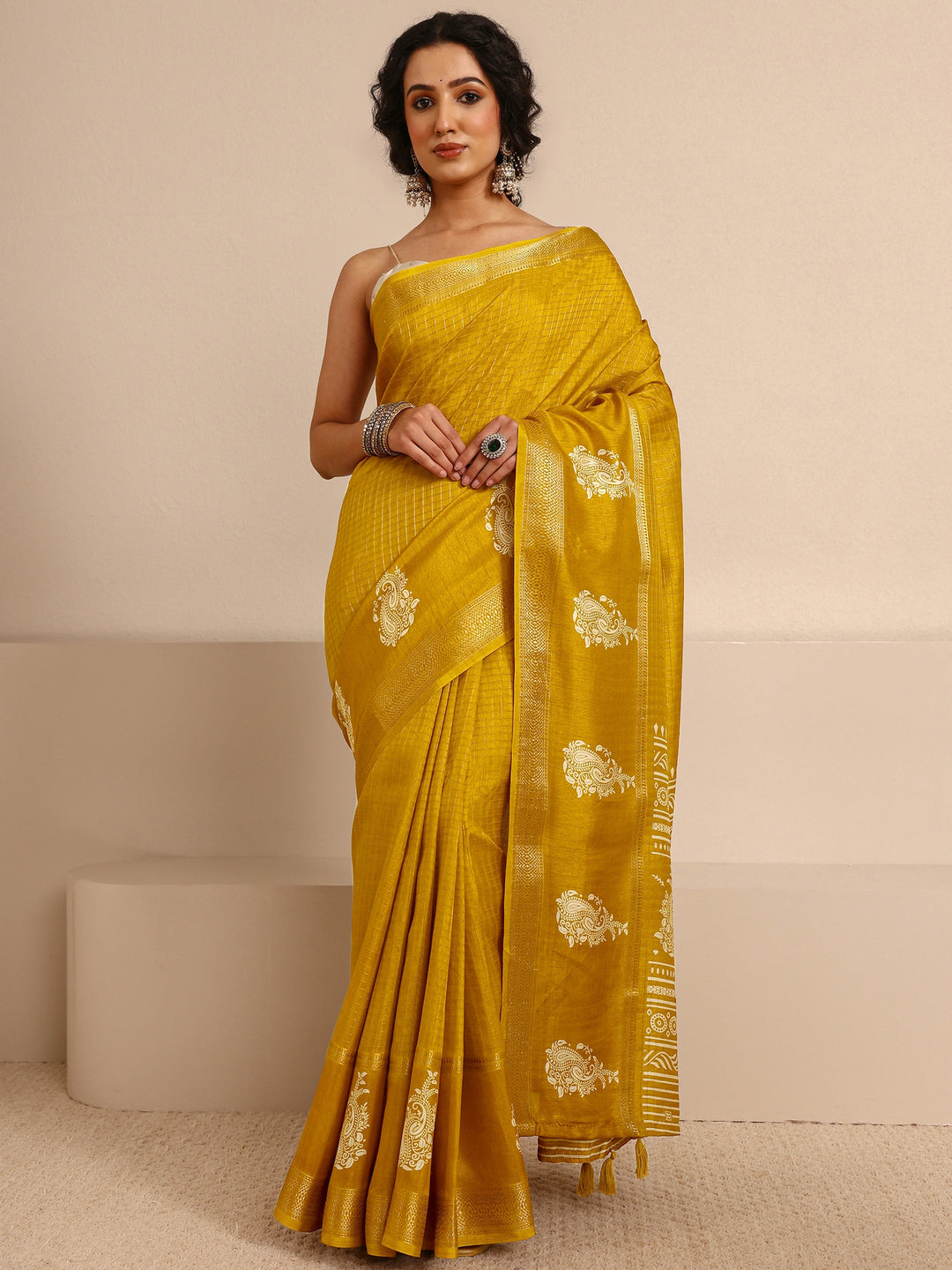  Mustard Paisley Print Silk Blend Saree With Unstitched Blouse Piece 