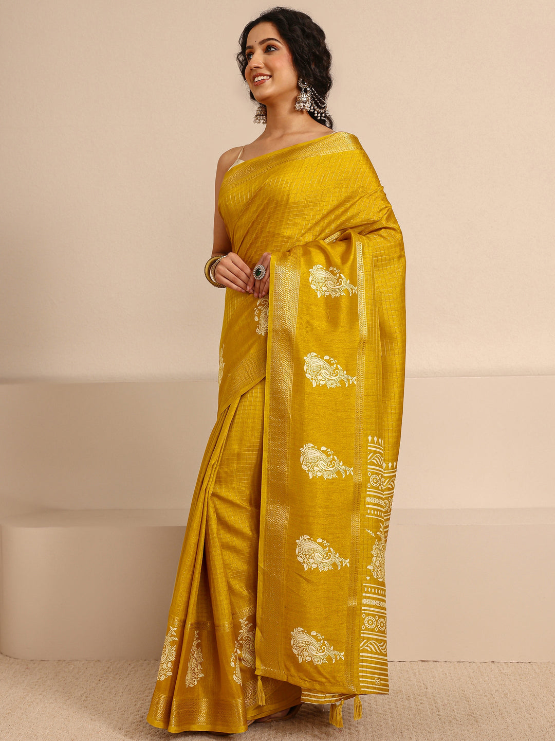  Mustard Paisley Print Silk Blend Saree With Unstitched Blouse Piece 