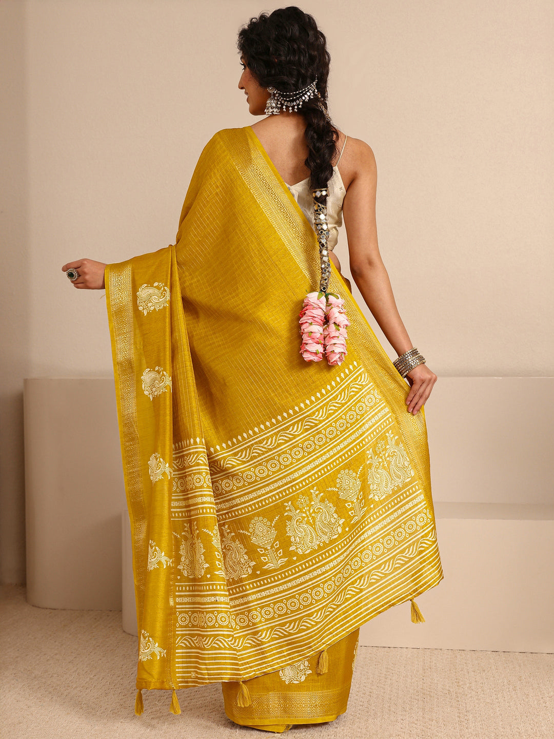  Mustard Paisley Print Silk Blend Saree With Unstitched Blouse Piece 
