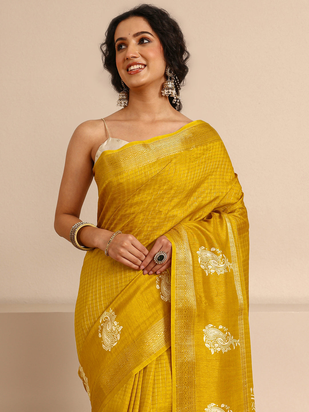  Mustard Paisley Print Silk Blend Saree With Unstitched Blouse Piece 