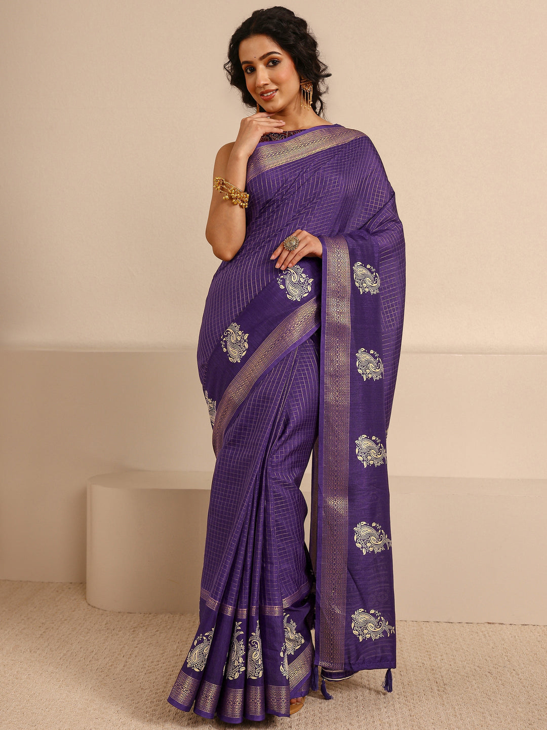  Purple Paisley Print Silk Blend Saree With Unstitched Blouse Piece 