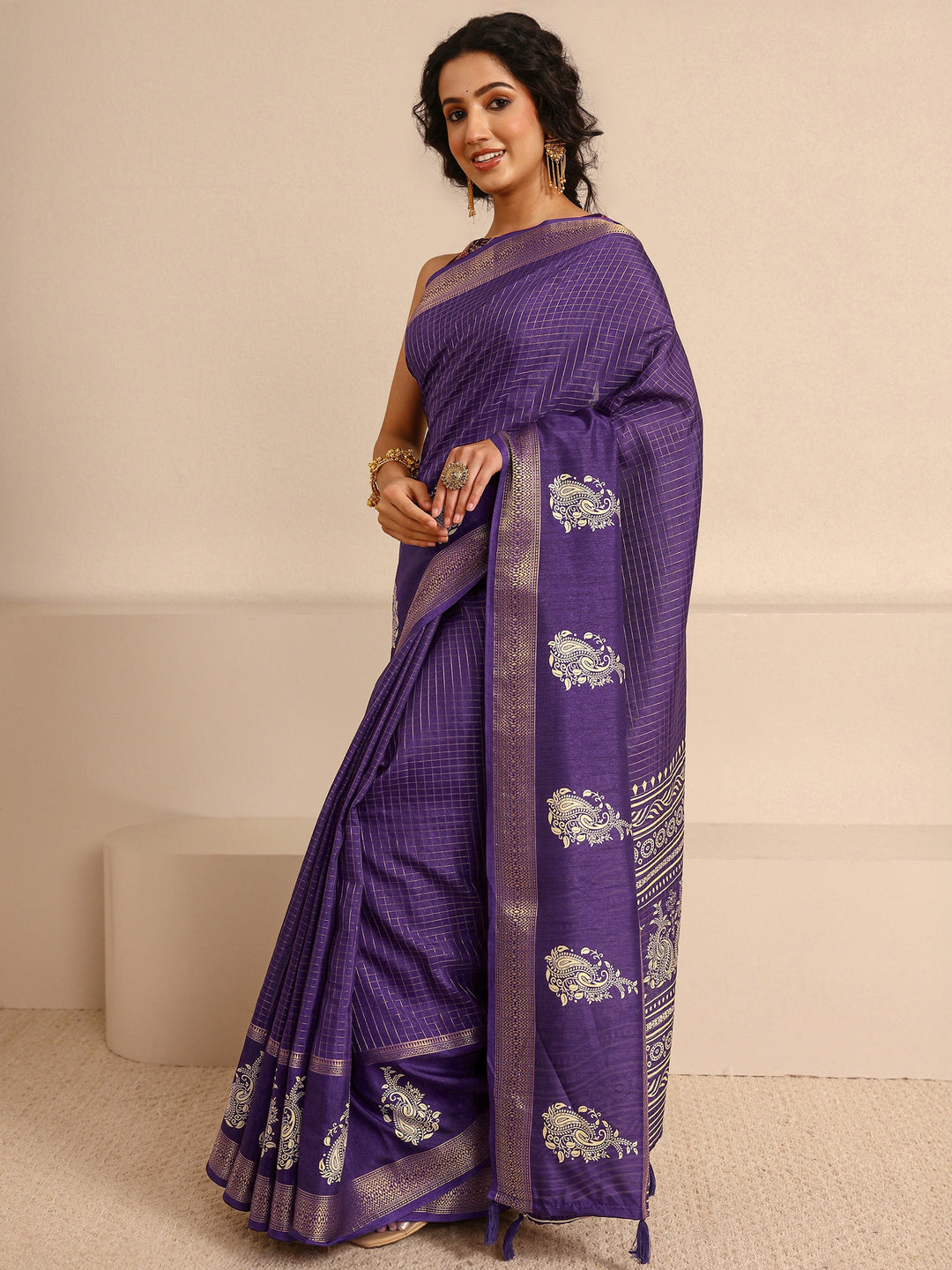  Purple Paisley Print Silk Blend Saree With Unstitched Blouse Piece 