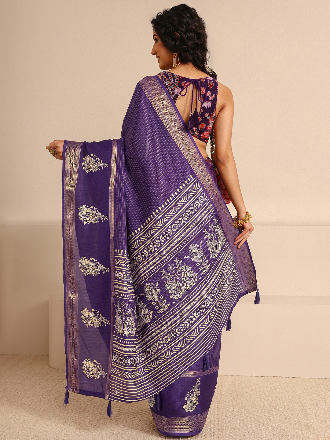  Purple Paisley Print Silk Blend Saree With Unstitched Blouse Piece 