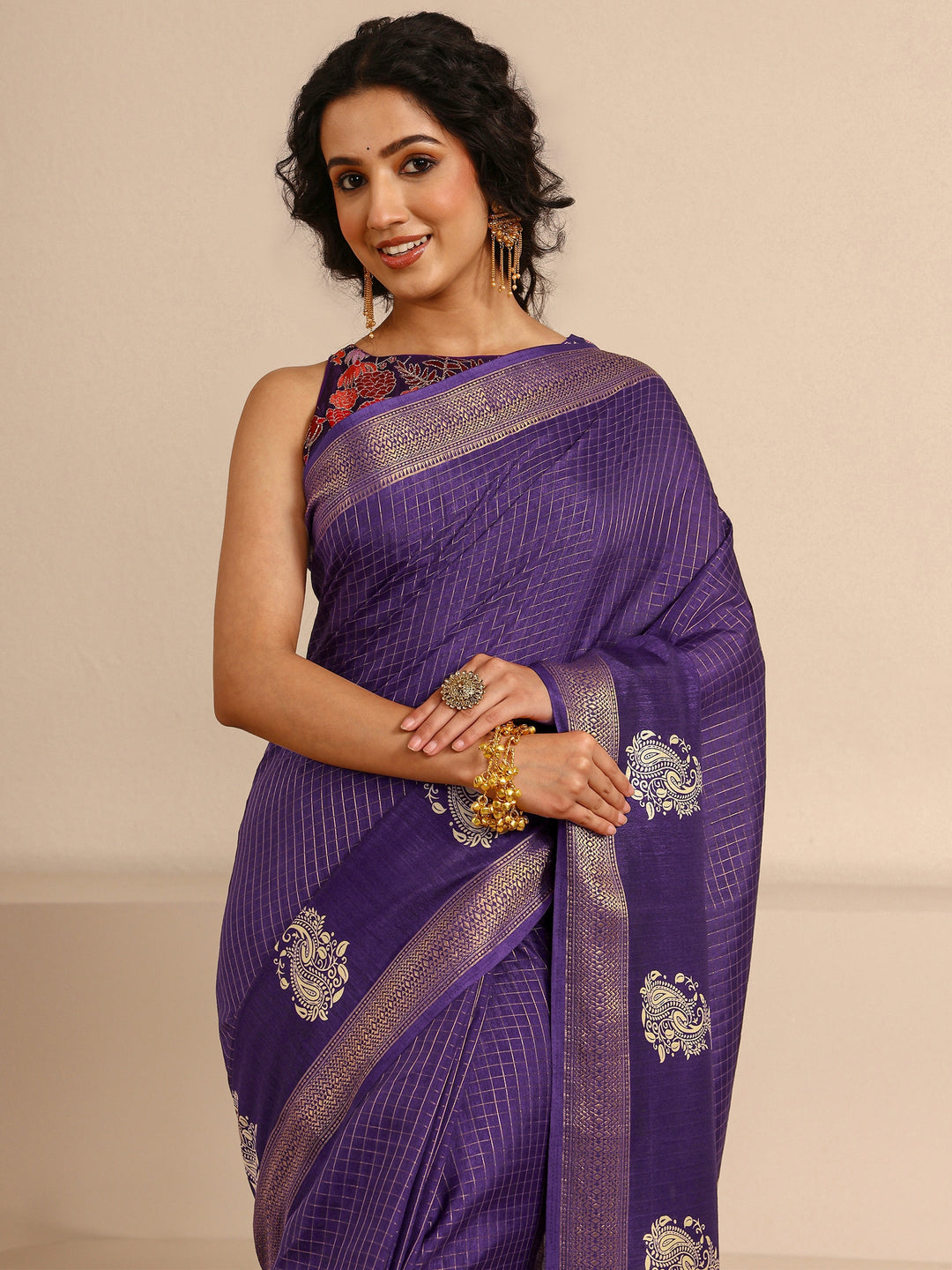  Purple Paisley Print Silk Blend Saree With Unstitched Blouse Piece 
