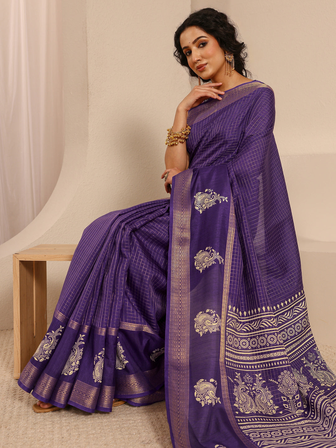  Purple Paisley Print Silk Blend Saree With Unstitched Blouse Piece 