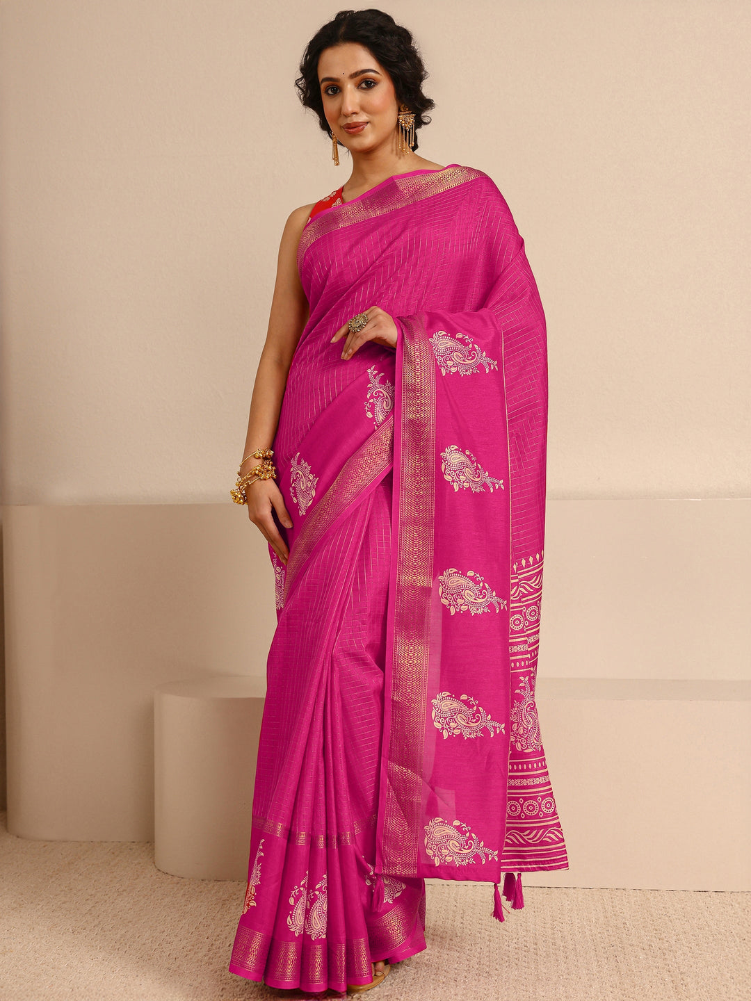  Pink Paisley Print Silk Blend Saree With Unstitched Blouse Piece 