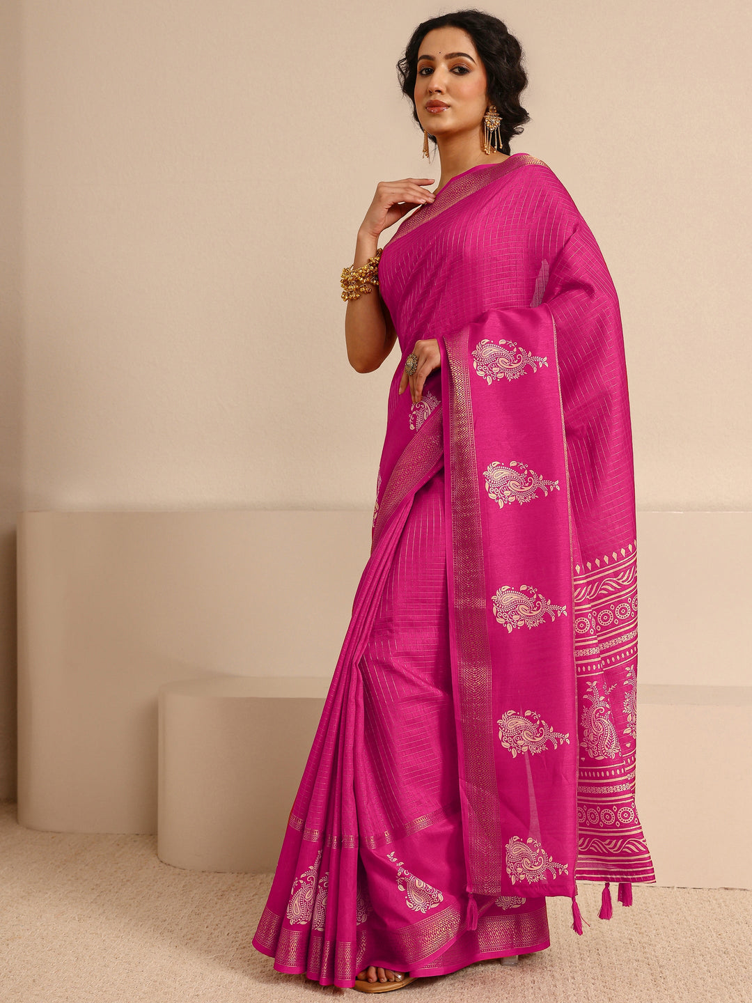  Pink Paisley Print Silk Blend Saree With Unstitched Blouse Piece 