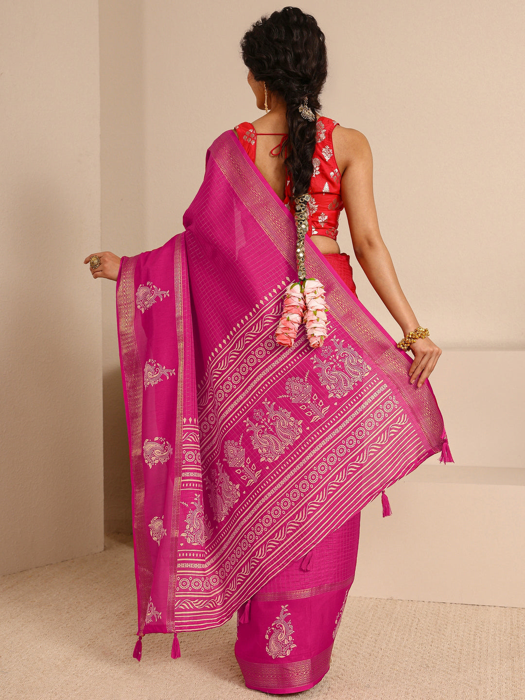  Pink Paisley Print Silk Blend Saree With Unstitched Blouse Piece 