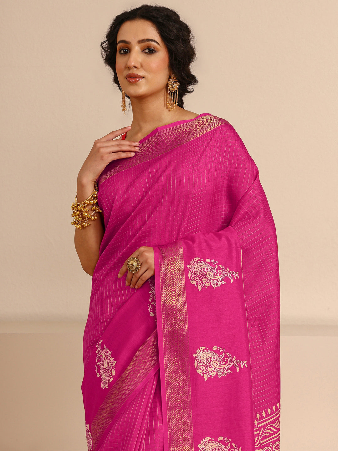  Pink Paisley Print Silk Blend Saree With Unstitched Blouse Piece 