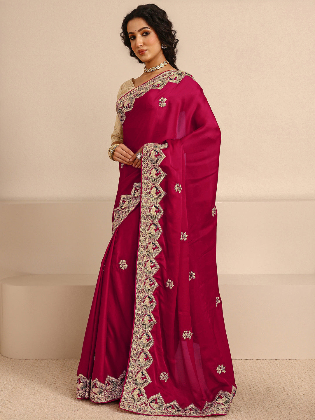  Libas Art Red Embellished Silk Blend Saree  With Unstitched Blouse Piece 