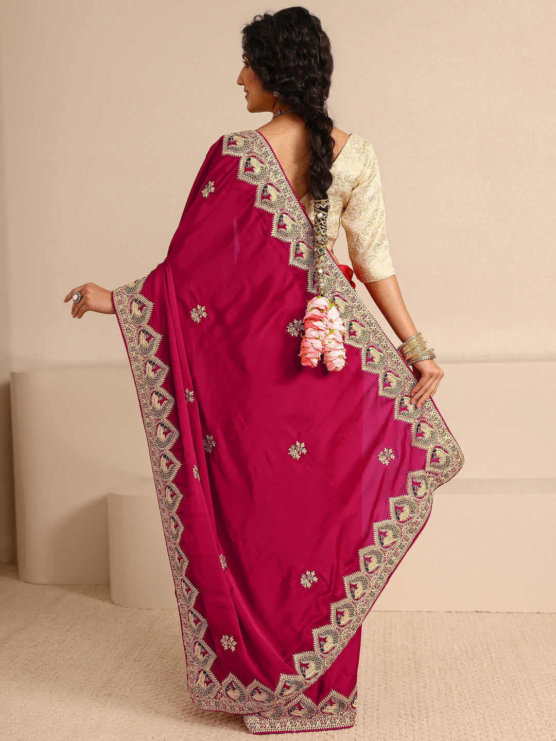  Libas Art Red Embellished Silk Blend Saree  With Unstitched Blouse Piece 