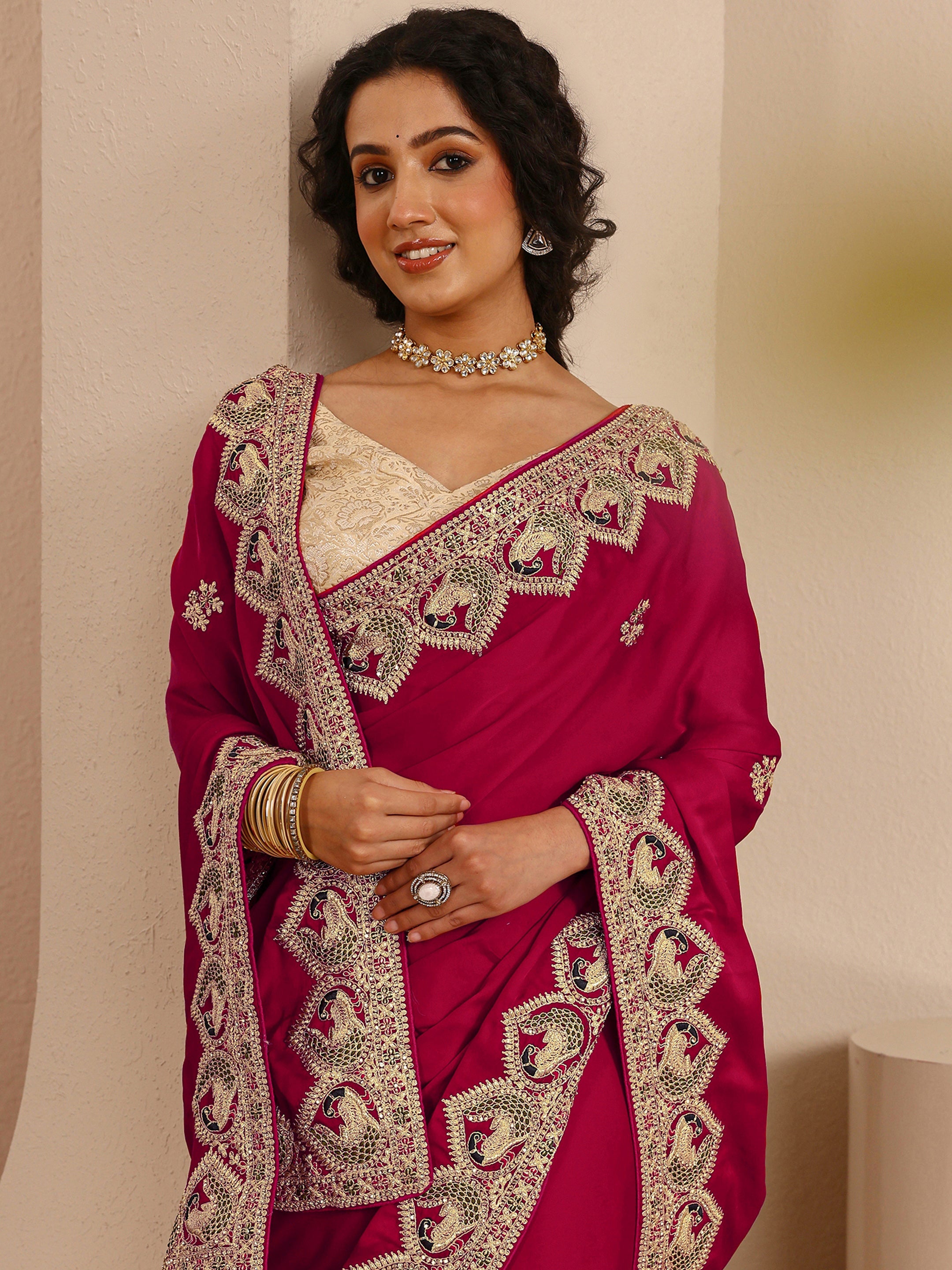 Libas Art Red Embellished Silk Blend Saree With Unstitched Blouse Piece-picture-54
