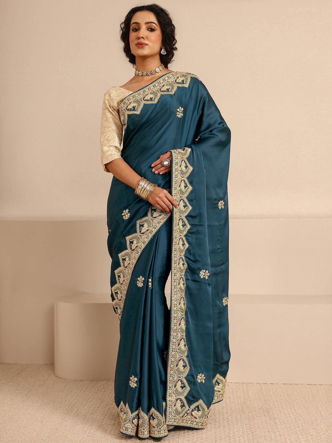  Libas Art Teal Embellished Silk Blend Saree With Unstitched Blouse Piece 