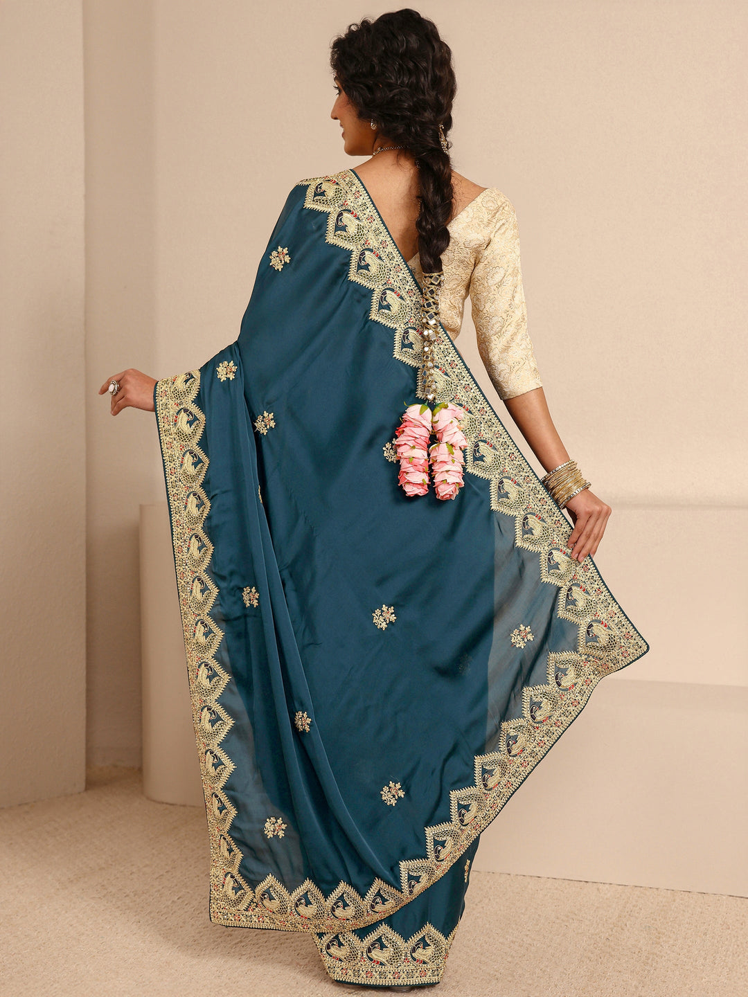  Libas Art Teal Embellished Silk Blend Saree With Unstitched Blouse Piece 