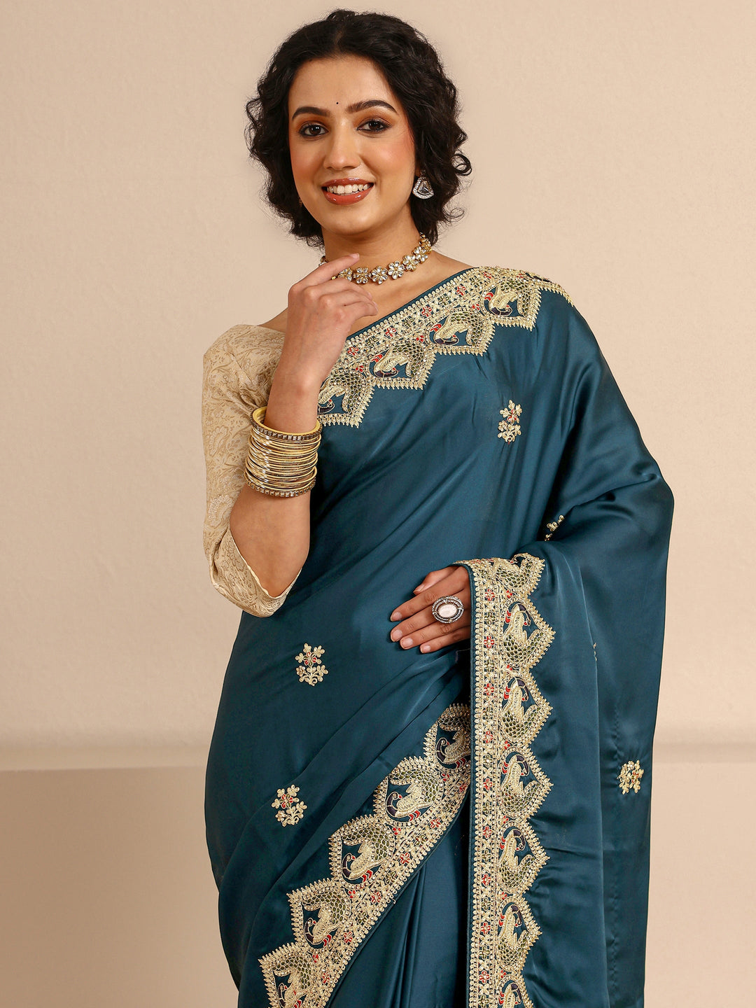  Libas Art Teal Embellished Silk Blend Saree With Unstitched Blouse Piece 
