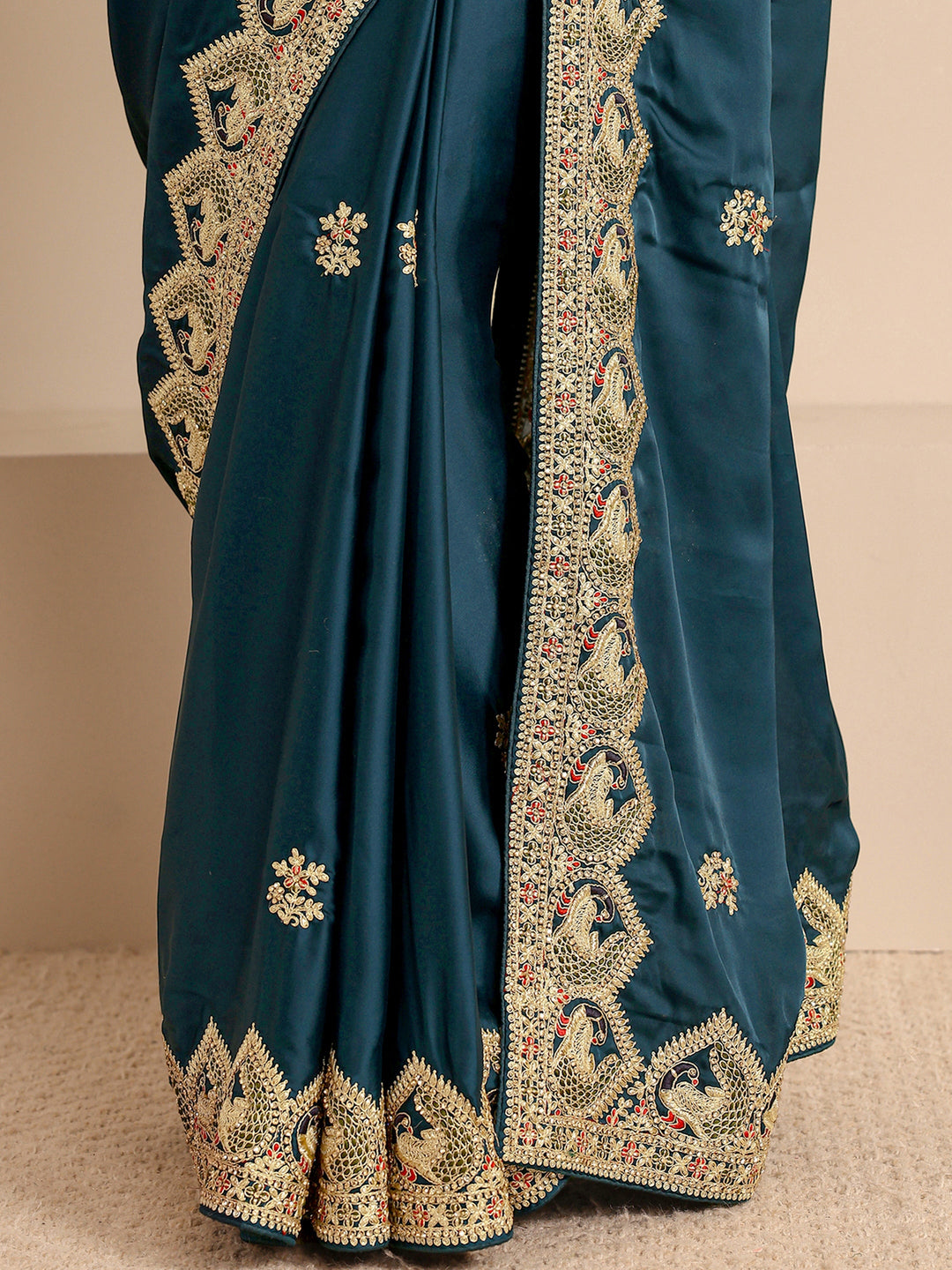  Libas Art Teal Embellished Silk Blend Saree With Unstitched Blouse Piece 